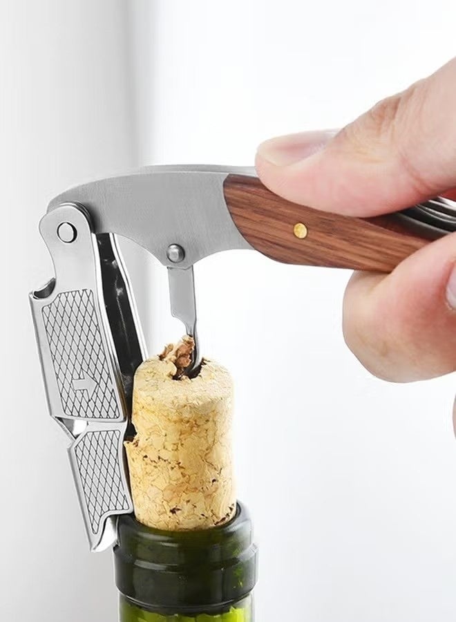 Wine Opener, with Leather Pouch, Wood Handle Double-Hinged Stainless, Steel Screw Beer Bottle Corkscrew - Image 2
